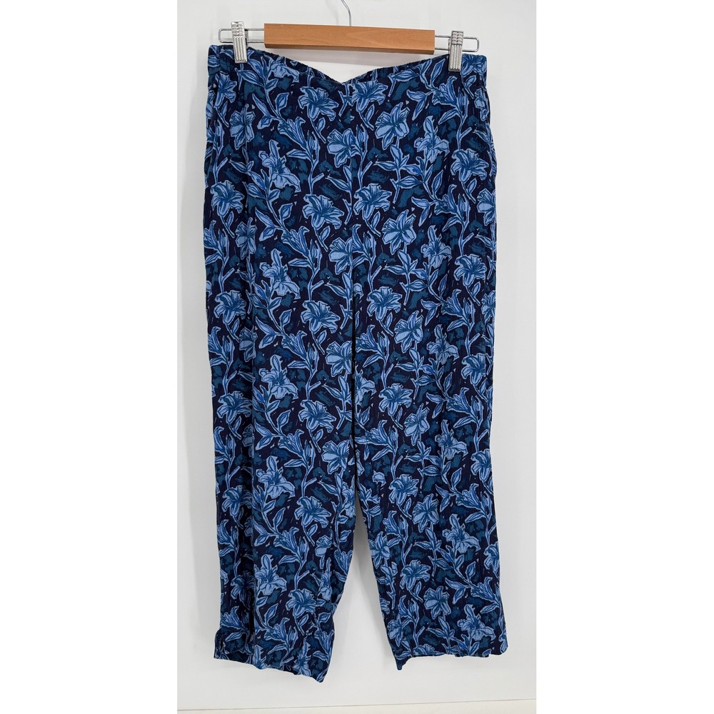 Chicos Blue Floral Lily Rayon Wide Leg Cropped Pants Sz 1.5/L Elastic Back